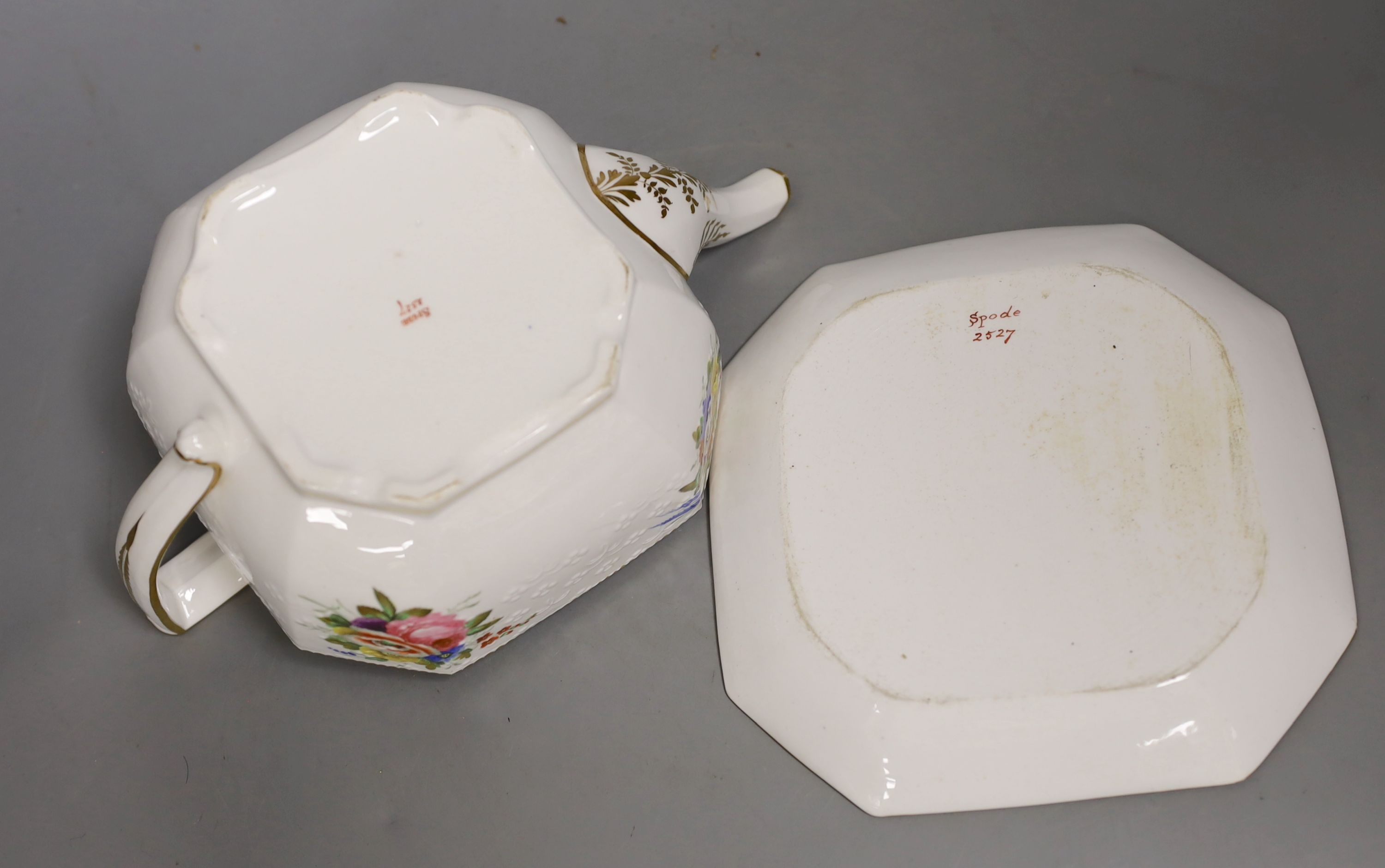A Spode teapot cover and stand painted with flowers on a moulded body pattern 2527, c.1820, 24cm long